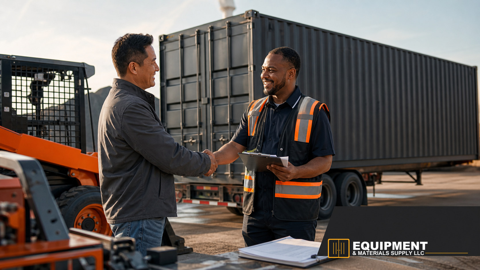 EQUIPMENT & MATERIALS SUPPLY LLC representative assisting a customer with shipping-container and equipment needs at the EQUIPMENT & MATERIALS SUPPLY LLC facility.