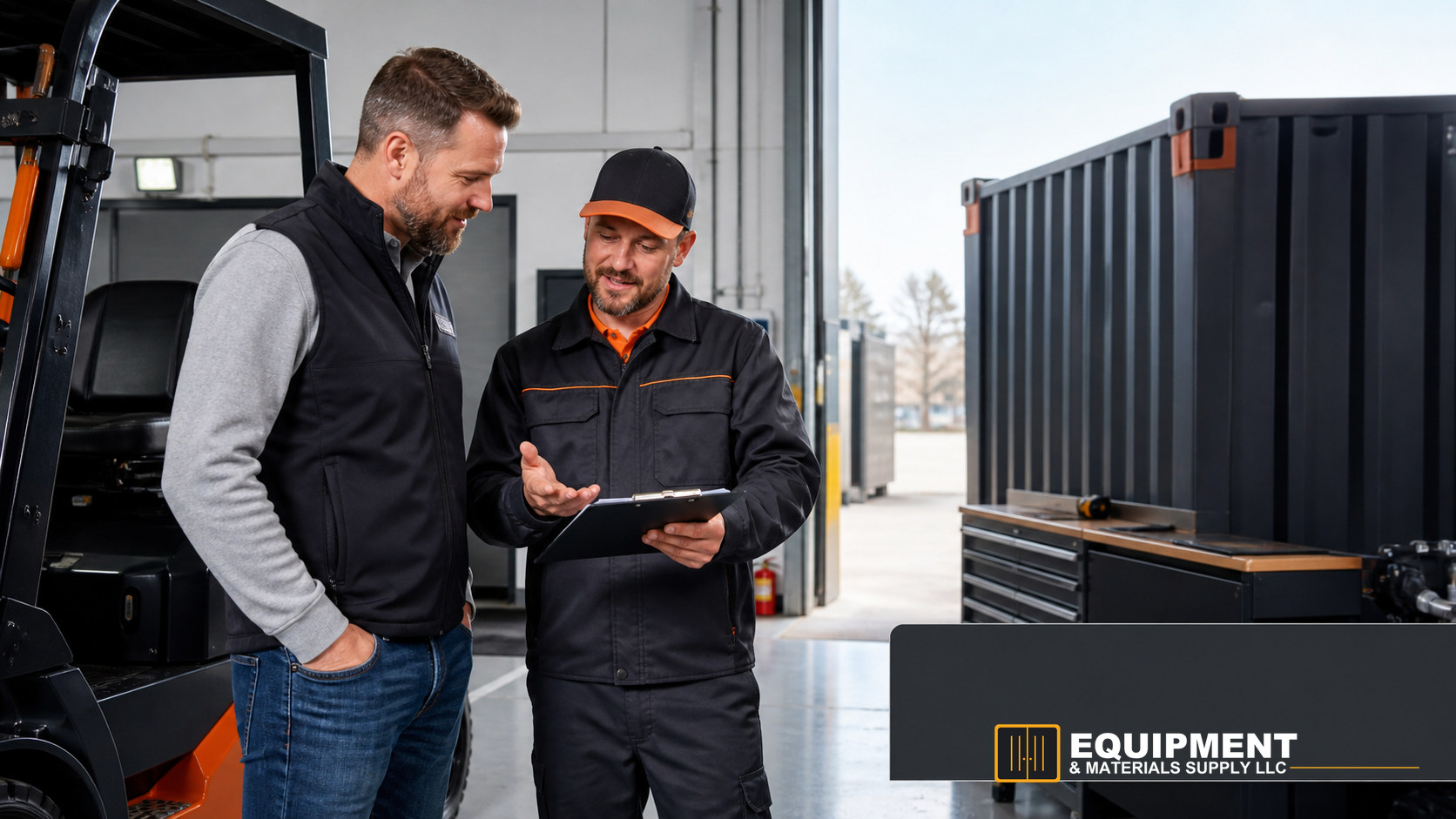 EQUIPMENT & MATERIALS SUPPLY LLC representative reviewing warranty and return information with an equipment customer.