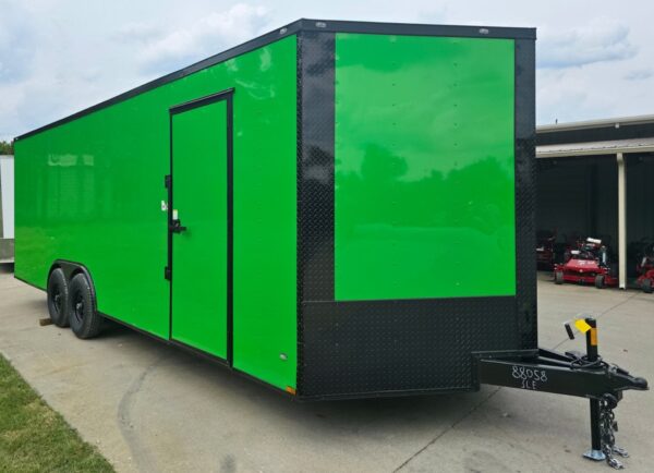 8.5x24 V Nose Neon Green Enclosed Trailer (2) 5200 LB Axles With Brakes 7 Ft Interior Height With Black Out Package, product image 1