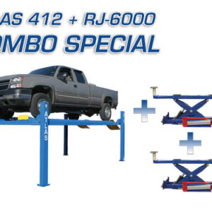 Atlas 412 Combo 12,000 LB. Cap. 4-Post Lift & 2 x Atlas RJ-6000 Rolling Jacks -Air/Hydraulic