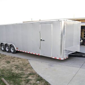 8.5x32 Silver Enclosed Car Hauler Trailer With Ramp and side door (3) 7K Axles 21k GVWR